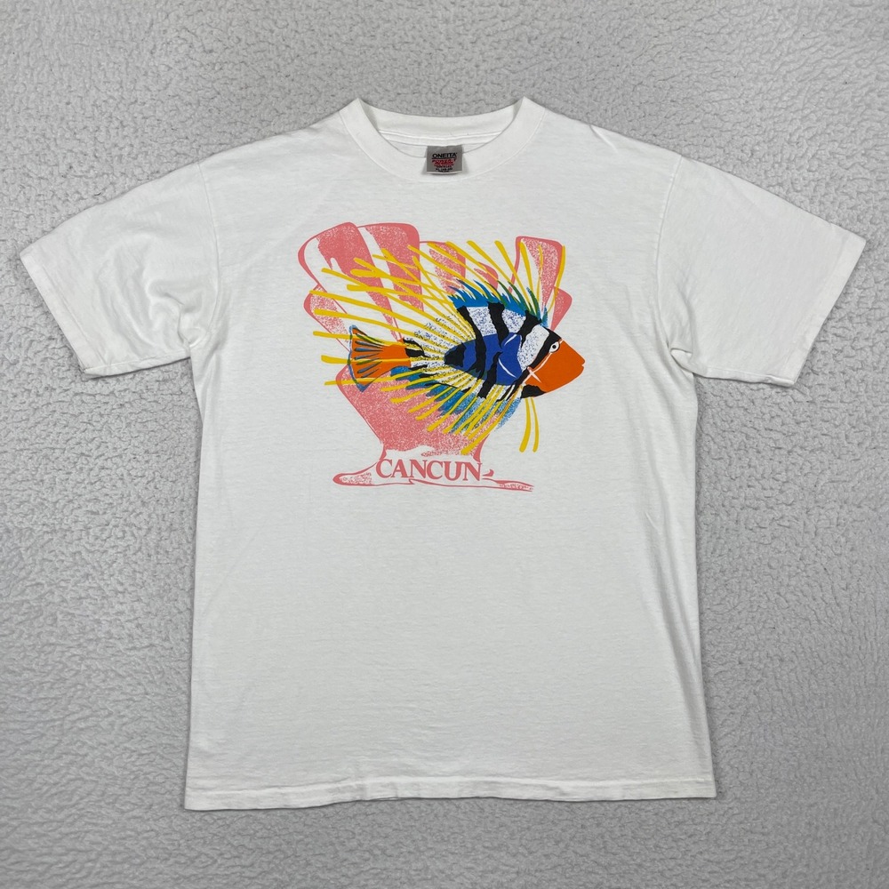 Vintage Cancun Shirt Mens XL White Tropical Fish Graphic T Retro 90s Coral Reef
